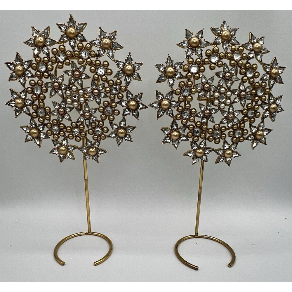 2 Pottery Barn Gold Jeweled Snowflake Tree Topper w/ Pearl & Rhinestone Bling